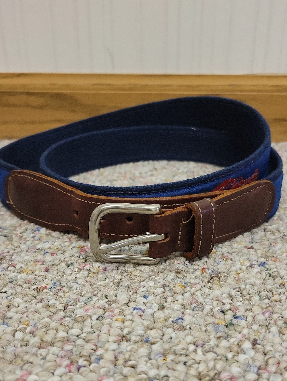 Preston Navy Lobster Canvas Belt with Brown Leather Trim Sz 42 Coastal Preppy